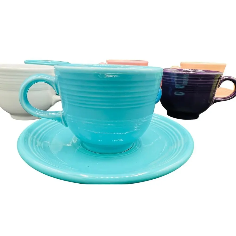 โ Vintage 12 Fiesta Ware Cup Saucer Creamer Set Colorful Ceramic Retro Kitchen - Picture 6 of 8